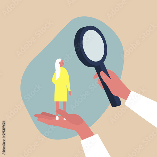 Looking for employee, HR management metaphor - female character scaled up under a magnifying glass