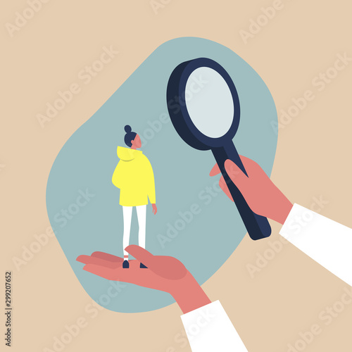 Looking for employee, HR management metaphor - a female  character scaled up under a magnifying glass
