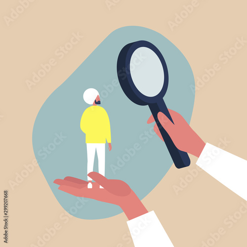 Looking for employee, HR management metaphor - male indian character scaled up under a magnifying glass