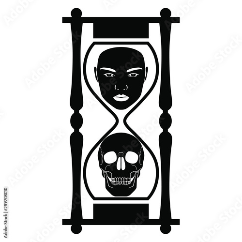 Isolated vector illustration. Hourglass with alive human head and human skull. Memento mori concept. Metaphor for life and death. Black and white silhouette.
