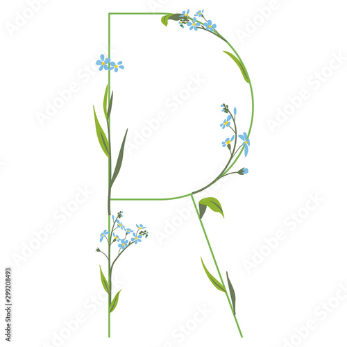 Capital letter R with floral motifs. Forget-me-not flowers. Floral font.	