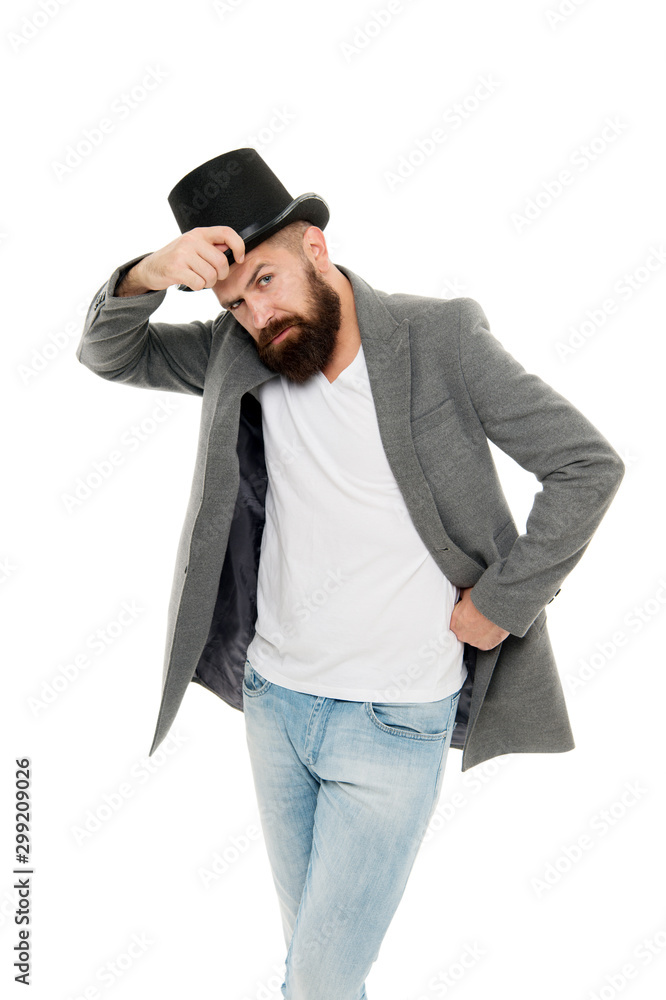 Without compromising on style. Fashion man in retro style. Trendy hipster with mustache and beard in casual style wearing vintage hat. Bearded man in black hat in classic style Without compromising on style. Fashion man in retro style. Trendy hipster with mustache and beard in casual style wearing vintage hat. Bearded man in black hat in classic style