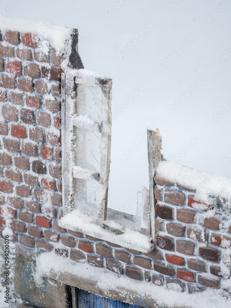 Broken window in winter