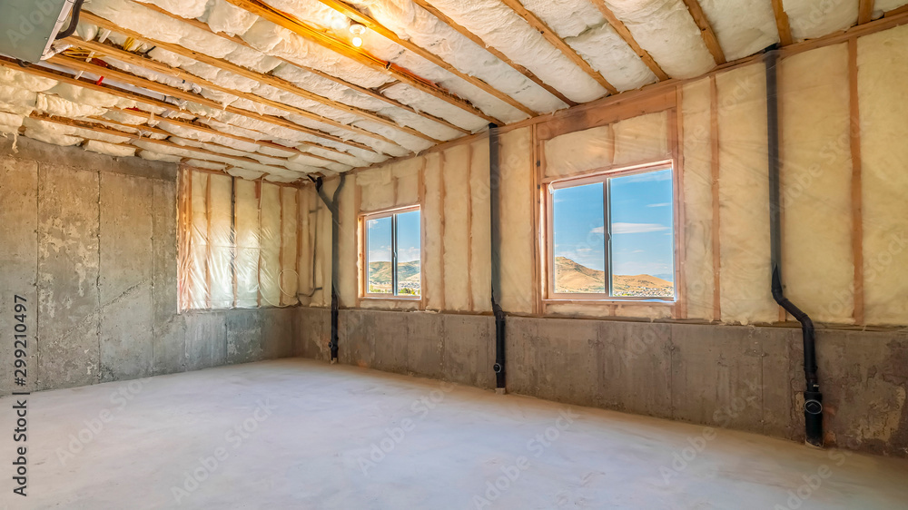 Panorama frame Unfinished room in a new build house Panorama frame Unfinished room in a new build house
