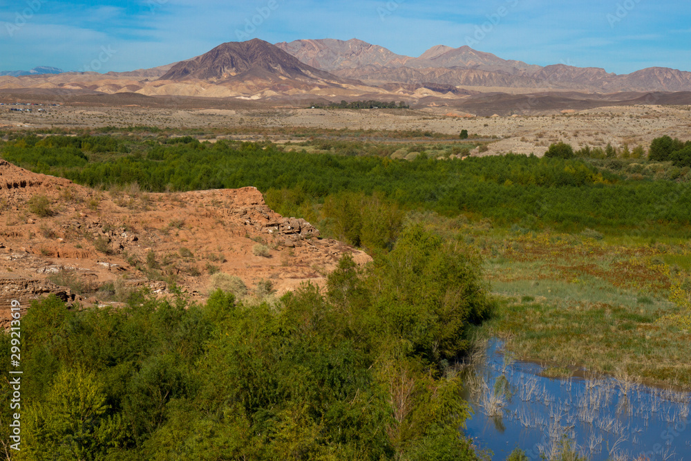 A large marsh and colorful mountains at Lake Mead National Recreation Area in Nevada