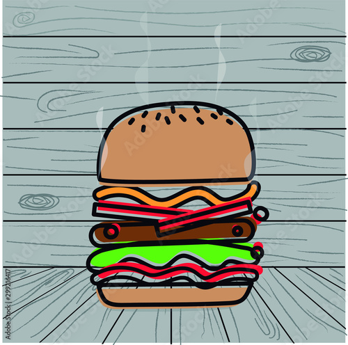 flat design of a hamburger in a wood background