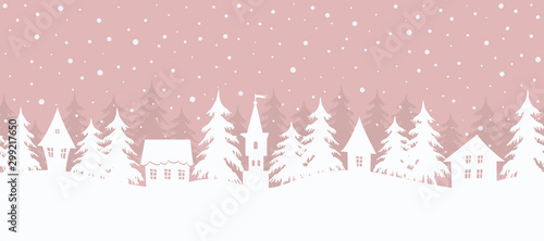 Winter village. Christmas background. Fairy tale winter landscape. Seamless border. There are white houses and fir trees on a pink background. Vector illustration