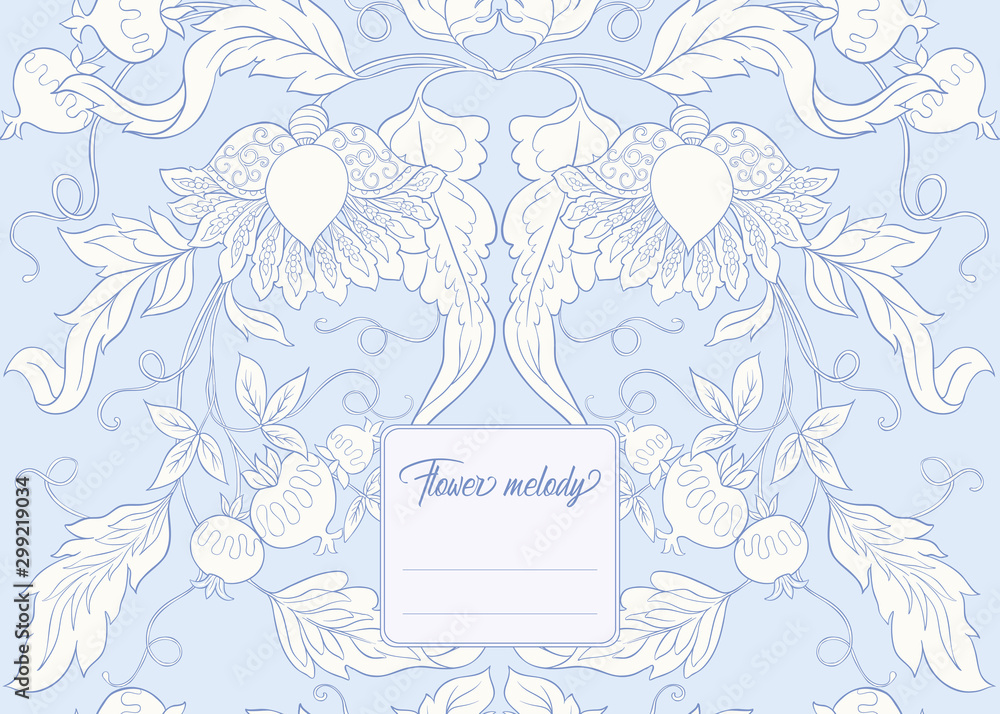 Stylized ornamental flowers in retro, vintage Jacobin embroidery style. Template for cover of notebook, label for product, gift voucher with place for text. Vector illustration.