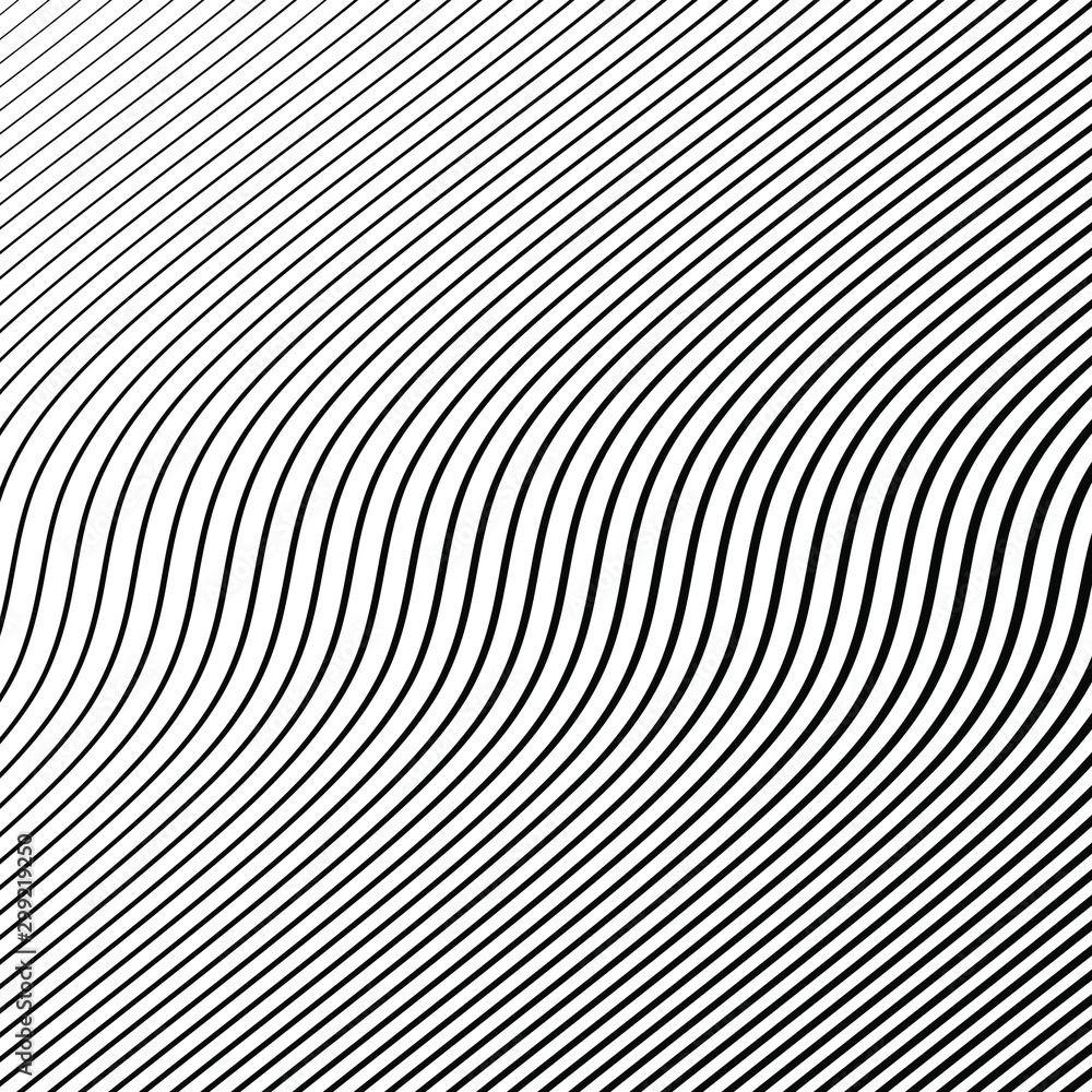 Abstract black curved oblique stripes on a white background. Op art. Trendy pattern for prints, web pages and textile design Abstract black curved oblique stripes on a white background. Op art. Trendy pattern for prints, web pages and textile design