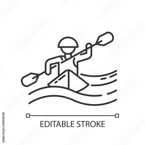 Kayaking linear icon. Thin line illustration. Canoeing watersport, extreme underwater kind of sport. Risky leisure on boat with puddle. Contour symbol. Vector isolated outline drawing. Editable stroke