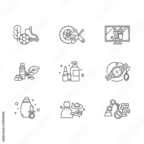E commerce departments linear icons set. Online shopping categories. Personal care. Fashion. Sports and outdoors. Thin line contour symbols. Isolated vector outline illustrations. Editable stroke