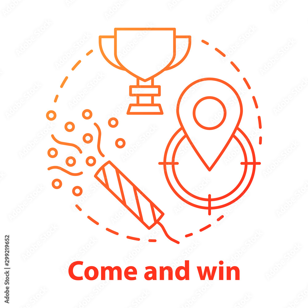 Come and win red gradient concept icon. Victory idea thin line illustration. Game winner award. Success, accomplishment and triumph. Goal, target achieving. Vector isolated outline drawing