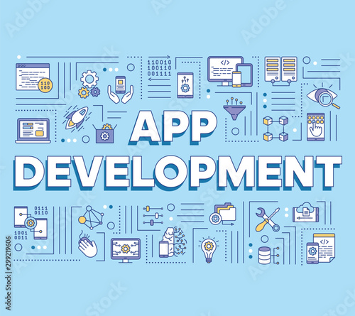 App development word concepts banner. Mobile software coding. Computer programming language. Presentation, website. Isolated lettering typography idea with linear icons. Vector outline illustration