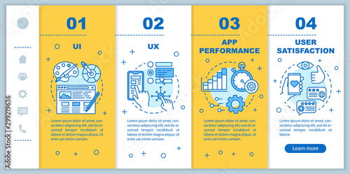 UI, UX development onboarding mobile web pages vector template. Responsive smartphone website interface idea with linear illustrations. Webpage walkthrough step screens. Color concept