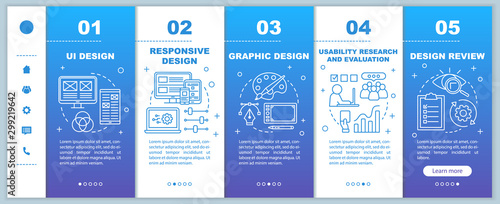 UI design development onboarding mobile web pages vector template. Responsive smartphone website interface idea with linear illustrations. Webpage walkthrough step screens. Color concept