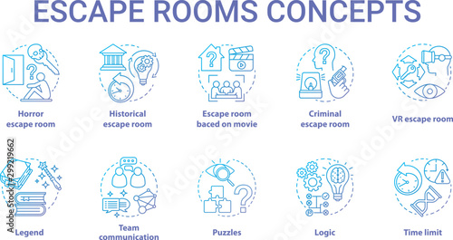 Escape room blue gradient concept icons set. Quest types idea thin line illustration. Strategy game collection. Puzzles and riddles solving pack. Vector isolated outline drawing