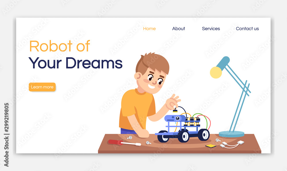 Robot of your dreams landing page vector template. Electronic constructor website interface idea with flat illustrations. Robotics courses homepage layout. Web banner, webpage cartoon concept Robot of your dreams landing page vector template. Electronic constructor website interface idea with flat illustrations. Robotics courses homepage layout. Web banner, webpage cartoon concept