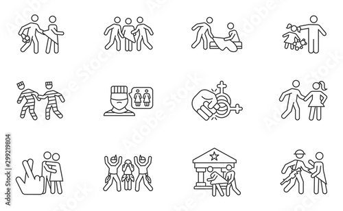 Different rape types linear icons set. Date, statutory, children, spousal rape. Abuse in prison. Sexual harassment. Thin line contour symbols. Isolated vector outline illustrations. Editable stroke
