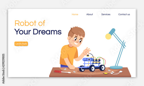 Robot of your dreams landing page vector template. Electronic constructor website interface idea with flat illustrations. Robotics courses homepage layout. Web banner, webpage cartoon concept