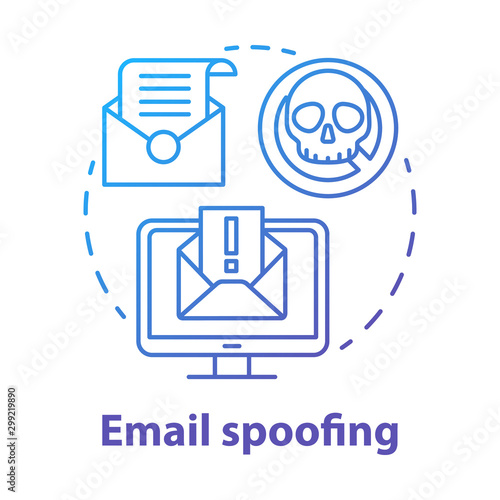 Email spoofing concept icon. Spam and virus protection. Phishing via internet. Hacking victim account. Cybercrime, fraud idea thin line illustration. Vector isolated outline drawing