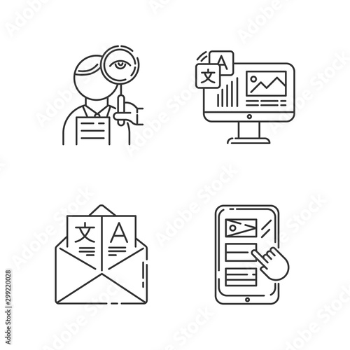 Translation linear icons set. Proofreading, website localization. Online dictionary . Email translation, DTP services. Thin line contour symbols. Isolated vector outline illustrations. Editable stroke