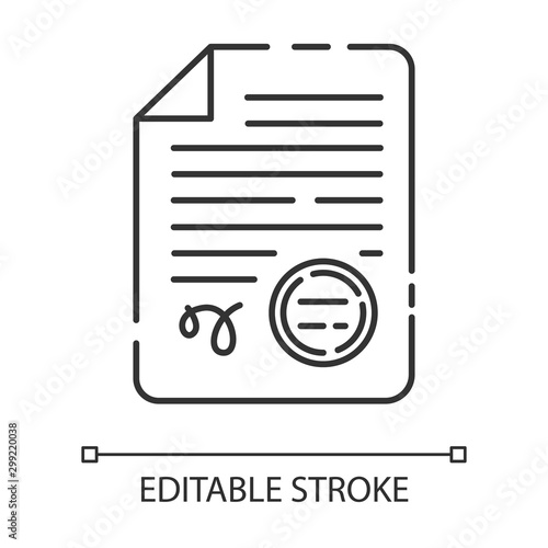 Apostilles and document legalization services linear icon. Translation. Legal validation. Notarized document. Thin line illustration. Contour symbol. Vector isolated outline drawing. Editable stroke