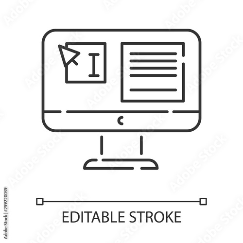 Website localization, DTP services linear icon. Text editing. Document page layout. Website localization. Thin line illustration. Contour symbol. Vector isolated outline drawing. Editable stroke
