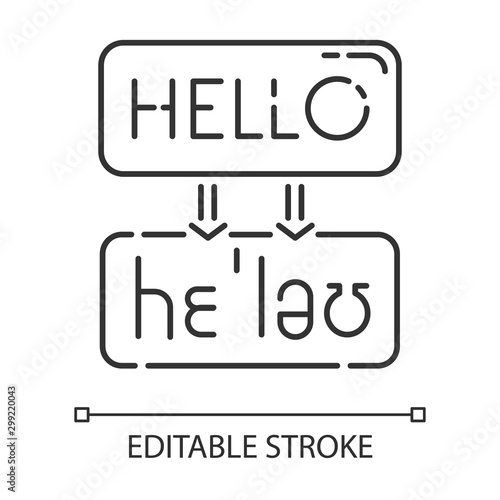 Language translation services linear icon. Machine transcription. Online dictionary. Word sound representation. Thin line illustration. Contour symbol. Vector isolated outline drawing. Editable stroke