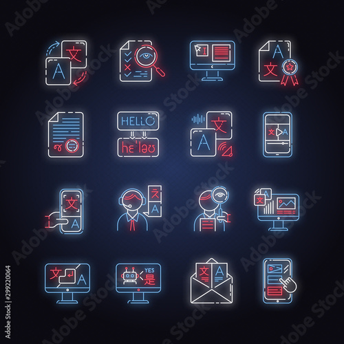 Language translation service neon light icons set. Online translation. Audio, video interpretation. Multilingual app, chatbot. Transcription, proofreading. Glowing signs. Vector isolated illustrations