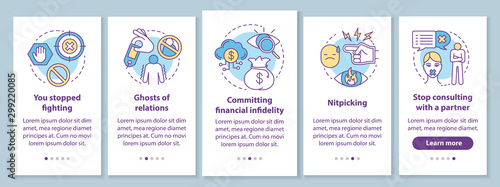 Relationship in trouble onboarding mobile app page screen with linear concepts. Ghost of relations walkthrough steps graphic instructions. UX, UI, GUI vector template with illustrations