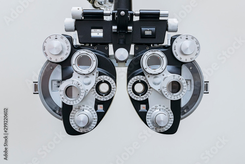 phoropter close up view of ophthalmology, optometry, and optician clinical testing machine equipment