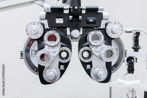 phoropter close up view of ophthalmology, optometry, and optician clinical testing machine equipment photo