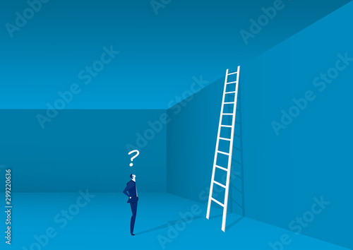 businessman looking up at a ladder solution, challenge, concept