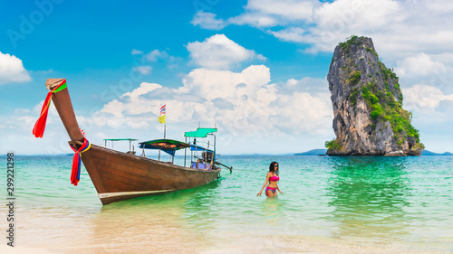 Panorama beautiful nature scenic landscape Ao Nang beach island with boat for traveler, Attraction landmark tourist travel Krabi Phuket Thailand summer holiday vacation trips, Tourism destination Asia