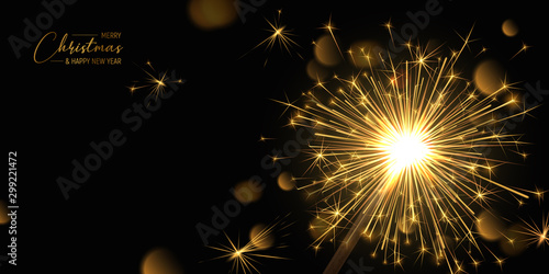 Merry Christmas background with realistic sparkler and light effects. Vector Happy New Year poster with golden bengal lights and bokeh. Festive illustration