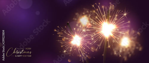 Merry Christmas background with realistic sparkler and light effects. Vector Happy New Year poster with golden bengal lights and bokeh. Festive illustration