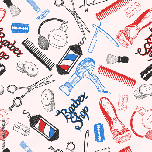 Barbershop tools on white background seamless pattern. Vector graphics.