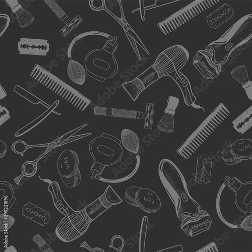 Barbershop tools on a black background seamless pattern. Vector graphics.