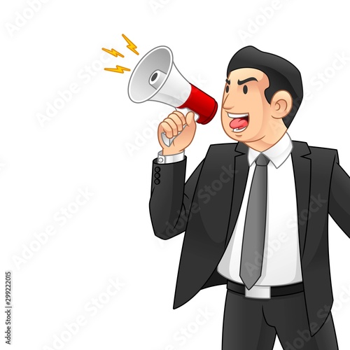 Businessman Shouting Through Megaphone, Business Strike Concept, Cartoon Vector Illustration Design, in Isolated White Background.