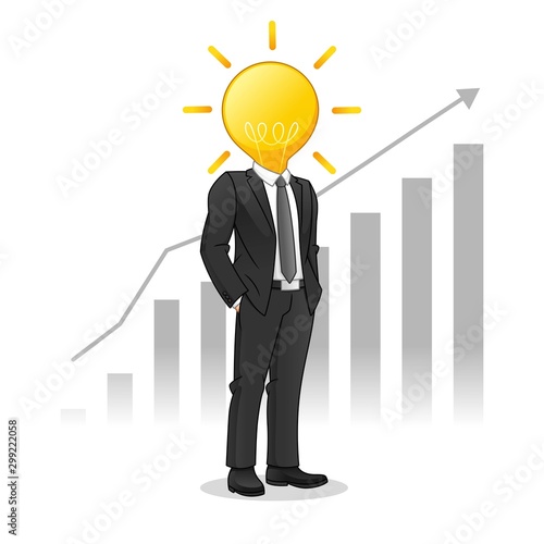 Businessman with Light Bulb Head Managed to Raise The Chart, Business Innovation Concept, Cartoon Vector Illustration Design, in Isolated White Background.