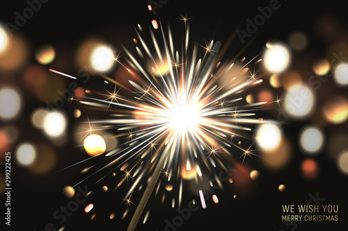 Merry Christmas background with realistic sparkler and light effects. Vector poster with golden bengal lights and bokeh. Festive illustration