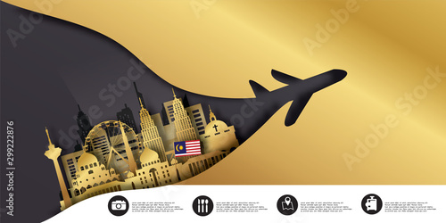 Malaysia with Gold Travel postcard panorama, poster, tour advertising of world famous landmarks in paper cut style.
