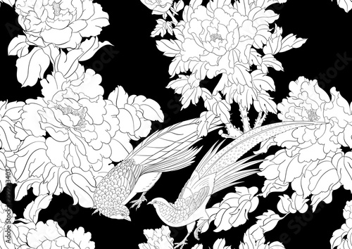 Peony tree branch with flowers with pheasants in the style of Chinese painting on silk. Seamless pattern, background. Vector illustration. Outline hand drawing. On sky blue background..