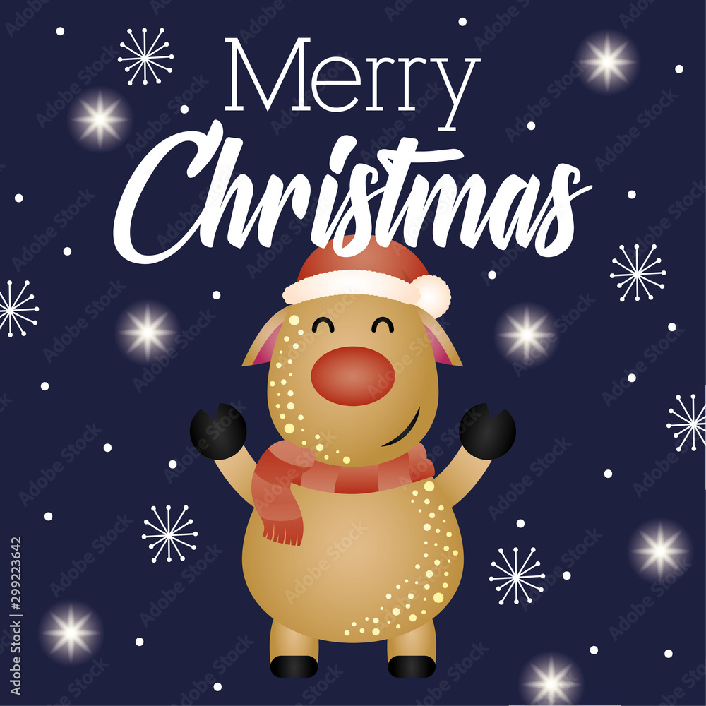happy merry christmas card with reindeer