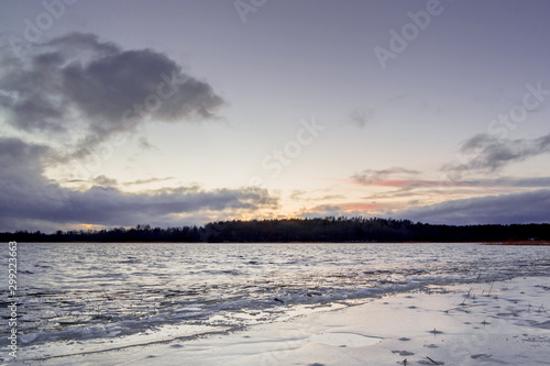 first ice on the lake in late autumn. Winter Coming Landscape