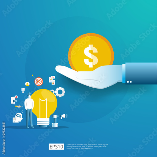 smart investment on technology startup. angel investor business analytic. opportunity idea research concept with lamp light bulb and businessman character element. Vector illustration.