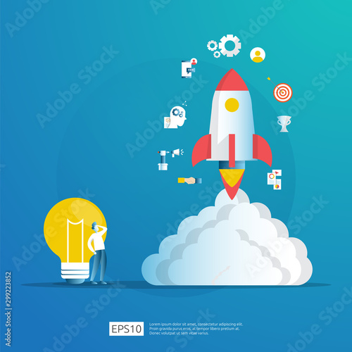 smart investment on technology startup. angel investor business analytic. opportunity idea research concept with lamp light bulb and businessman character element. Vector illustration.