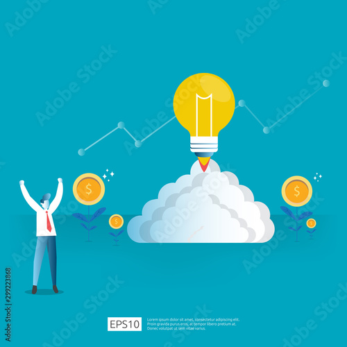 smart investment on technology startup. angel investor business analytic. opportunity idea research concept with lamp light bulb and businessman character element. Vector illustration.