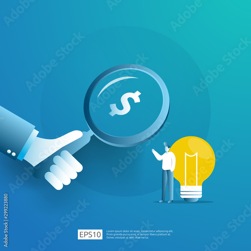 smart investment on technology startup. angel investor business analytic. opportunity idea research concept with lamp light bulb and businessman character element. Vector illustration.