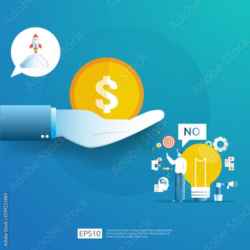 smart investment on technology startup. angel investor business analytic. opportunity idea research concept with lamp light bulb and businessman character element. Vector illustration.